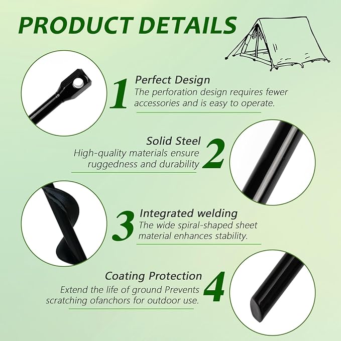 Metal Tent Stakes Heavy Duty 12 inch,Ground Anchors Screw in,Tent Accessories,Durability,Easy to use,Rust Resistant,not Bent Stakes,Portable,Black(4)