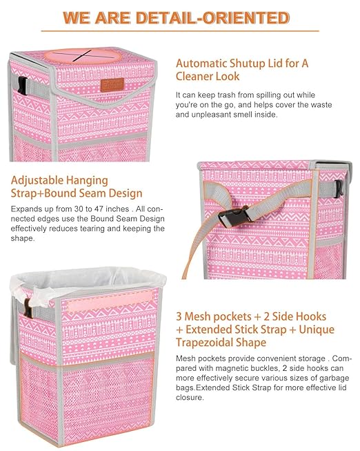 Car Trash Can with Lid, Cute Leakproof Car Trash Garbage Bag Hanging Vehicle Trash Bin Small Portable Automotive Garbage Cans Organizer for Back/Front Seat/Console(2.8 Gallons,Pink Print)