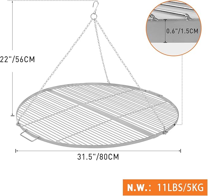 Lineslife Fire Pit Grill Cooking Grate Portable, Stainless Steel Folding Round Firepit Grill Rack with Handles, Outdoor Campfire BBQ Grill for Camping Picnic Gathering, Silver 31.5“
