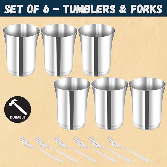 48 Pcs Stainless Steel Dinner Set - Dinnerware set including Dinner Plates, Quarter Plates, Bowls, Tumblers, Forks & Spoons - Home Kitchen Metal Camping Set - Service for 6 (Sticker Free)