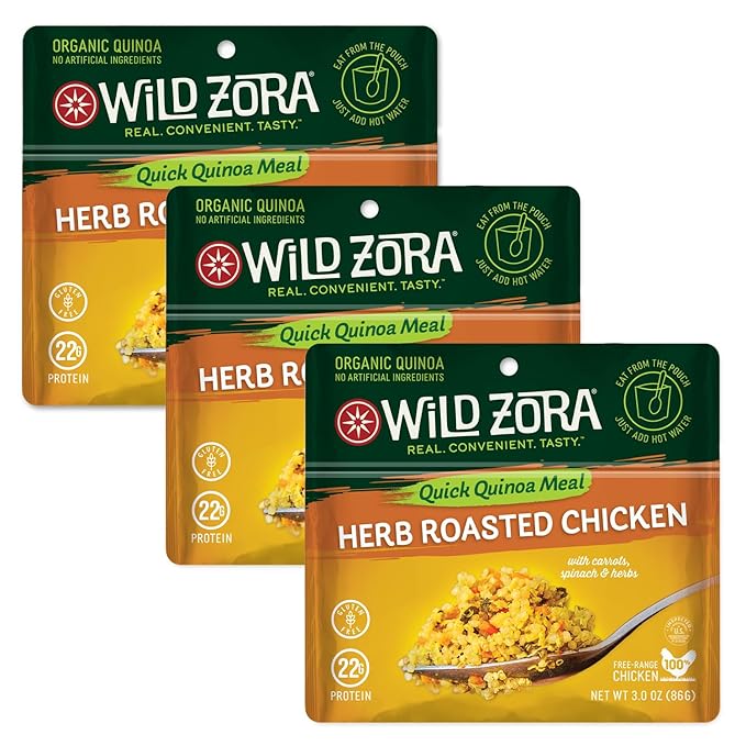 Wild Zora Instant Organic Quinoa Meals - Quick & Tasty Prepared Quinoa Bowls, Pantry Staples Gluten-Free Meal with Lentils Plus 10g Olive Oil Packet - Herb Roasted Chicken (3-Pack)