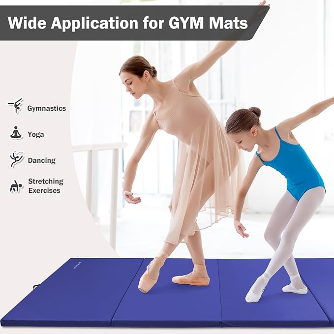 Folding Exercise Gymnastics Mat, 4'x8'x2" Gym Workout Mat with Carrying Handles 4-Fold High-Density Anti-Tear Portable Fitness Aerobics Mat for Home Gym Yoga Pilates Tumbling MMA Core Training