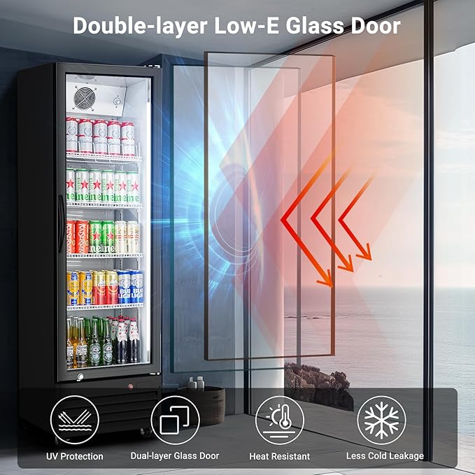 BODEGACOOLER Commercial Beverage Refrigerator with Glass Door,12.5 Cu.Ft Display Merchandiser Drink Refrigerator,Upright Commercial Bar Fridge,Display Drink Cooler with Soft LED Light