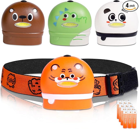 KunHe 4 Pack Kids Headlamp Christmas Stocking Stuffers Gifts for Girls Boys Adjustable LED Headlight for Camping Running with Animal Designs & Batteries Included