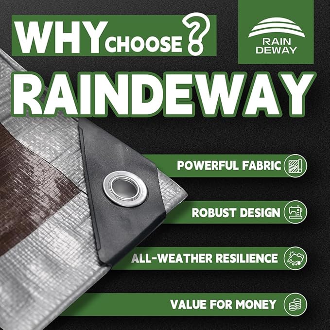 RAINDEWAY Tarps Heavy Duty Waterproof 10x12 Feet,10Mil Thick Multipurpose Poly Tarp Cover with Metal Grommets and Reinforced Edges,Silver/Brown Tarp