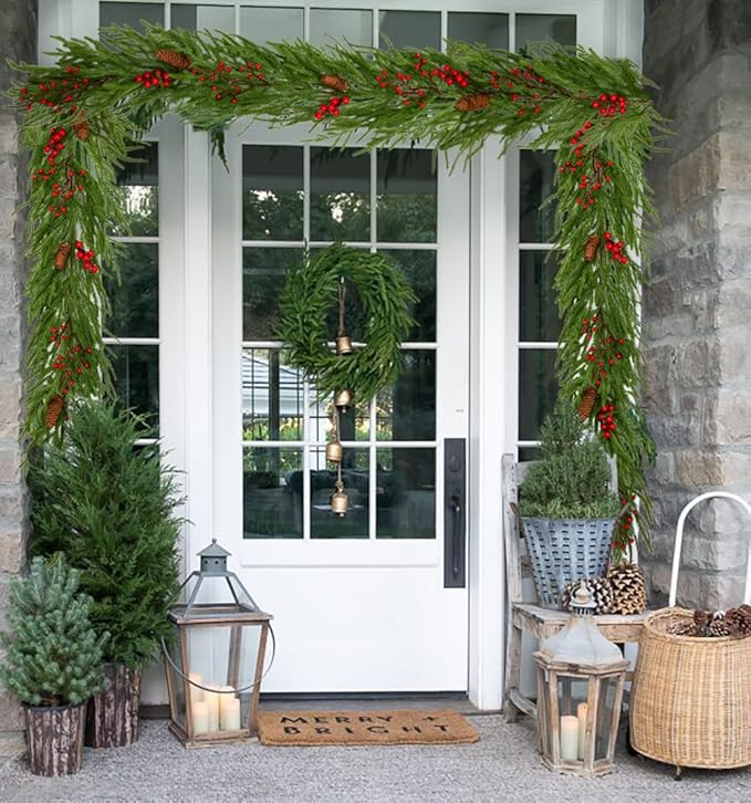 Hollyone 9FT Norfolk Pine Garland Real Touch Winter Pine Garland with Red Berry Christmas Garlands Artificial Greenery for Table Mantle Wall Indoor Outdoor Mantle Holiday Christmas Home Decor