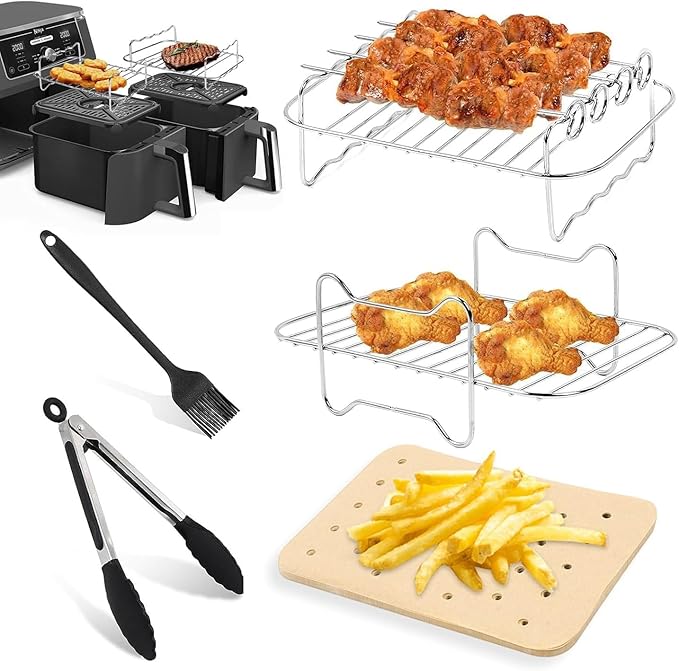 Dual Basket Air Fryer Accessories for Ninja DZ401 DZ550 DZ302 SL401 SL451 & Other 10 Quart 2-Basket DualZone Air Fryers, Come with Air Fryer Rack Set, 100Pcs Paper Liners, Silicone Brush & Tongs
