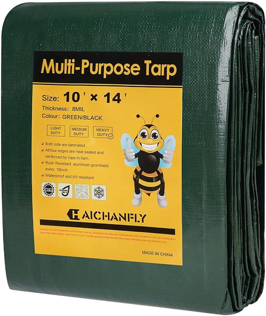 Heavy Duty Double-Sided Waterproof Poly Tarp 10x14 Feet 8mil Thick Polyethylene Tarps, Perfect for Outdoor Use, Plastic Cover & Mat for Tent Camping Storage Boat Bikes Vehicles
