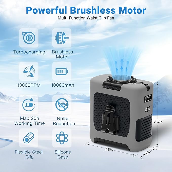 Portable Fans Strong Airflow Personal Waist Fan with Max 40H Runtime Hands Free Neck Fans Wearable Belt Fan for Outdoor Jobsite Camping and Traveling 5 Speeds USB-C Rechargeable 10000mAh (Gray)