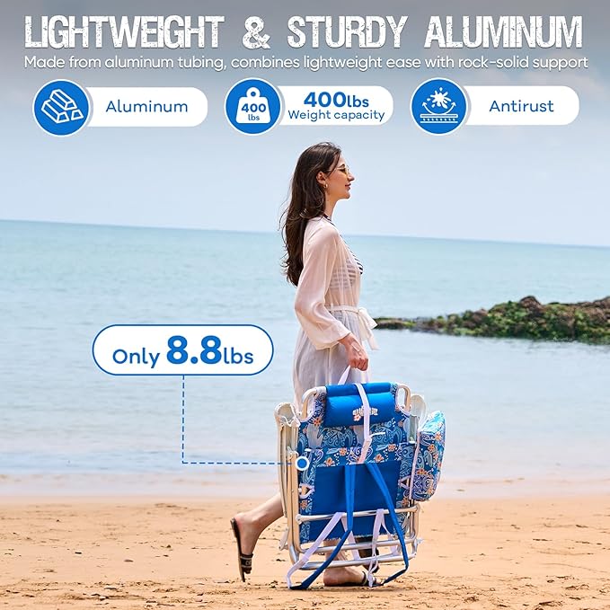 Reclining Beach Chair Backpack 5-Position Lay Flat Lounge Chair for Adults Heavy Duty Portable Folding Lightweight with Cooler Bag Camping Chair for Sand Outdoor