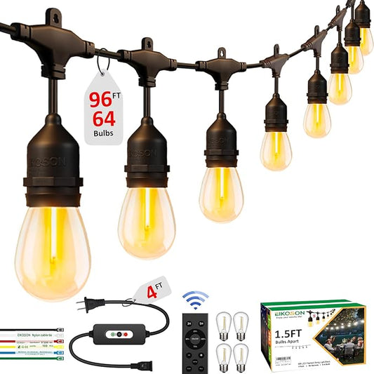 100FT LED Outdoor String Lights with 60+4 Waterproof Bulbs(𝟏.𝟓𝐅𝐓 𝐁𝐮𝐥𝐛𝐥𝐬 𝐒𝐩𝐚𝐜𝐢𝐧𝐠), Remote & Dimmer, Commercial Grade Patio Lights with 3 Mode Light & Timing, 100PC Ties