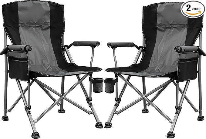 Camping Chair for Adults Heavy Duty Outdoor Patio Lawn Chairs Portable Support 350 LBS High Back Padded Oxford with Armrests, Storage Bag, Cup Holder, for Outside Fishing, Camping, Foldable