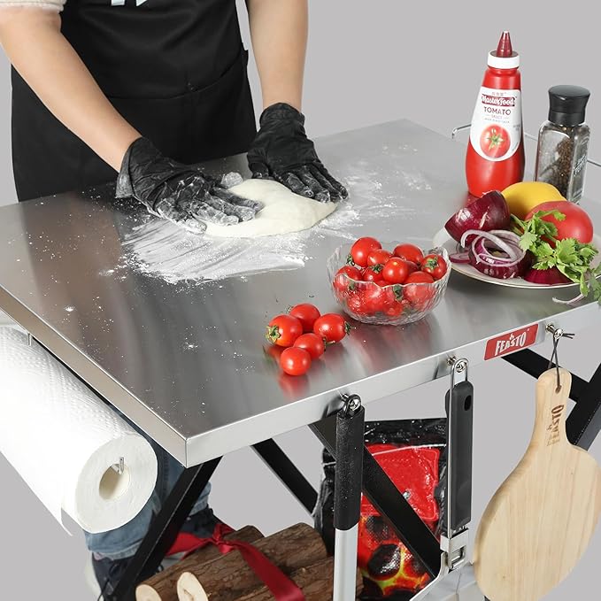 Outdoor Grill Table, Foldable Pizza Oven Stand & Griddle Stand with Garage Rack & Tissue Holder, Folding Outdoor Prep Table for Gathering and Party, 30" x 24", Stainless Steel
