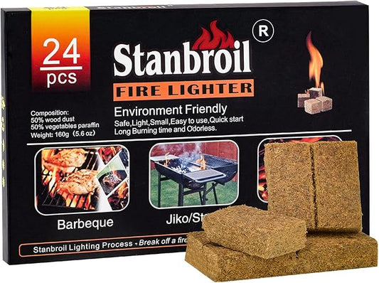 Stanbroil 24 pcs Fire Starters, Squares Natural Charcoal Fire Starters Super Fast Lighting Perfect for Barbecue Grills, Smokers, Wood Stove, Campfires and Outdoor Fireplaces
