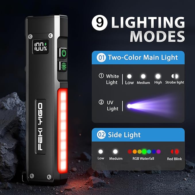 Feki Yigo G02 EDC Rechargeable Flat Flashlight 1800 Lumens White LED/UV/RGB Signaling Flashlights, Waterproof Magnetic Clip on Flashlight for Outdoor Home Emergencies, Camping Essentials(Green)
