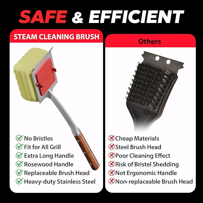 ENLOY Grill Brush Bristle Free, 17" Grill Brush for Outdoor Grill, Steam Cleaning Grill Brush with Extended Rosewood Handle and Replacement Brush Head, Safe Barbecue Brush with Scraper for Most Grills