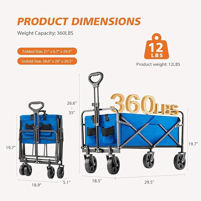 Collapsible Wagon Cart, 360lbs Heavy Duty Foldable Wagon with All-Terrain Wheels and Drink Holders, for Beach Camping Shopping Garden, Blue