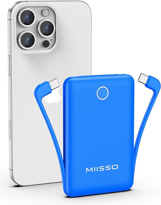 miisso 10000mAh Slim Portable Charger with Built in Cable, Power Bank Travel Charger External Battery Pack for Phone, 3 Output USB Type C Cord Clutch Charger Compatible with iPhone, Deep Blue