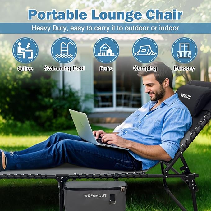 Folding Lounge Chair Outdoor with Insulated Cooler Bag Portable for Outside Patio Chaise Lounge Chair 5-Position with Pillow for Beach Sunbathing Pool Camping Lawn