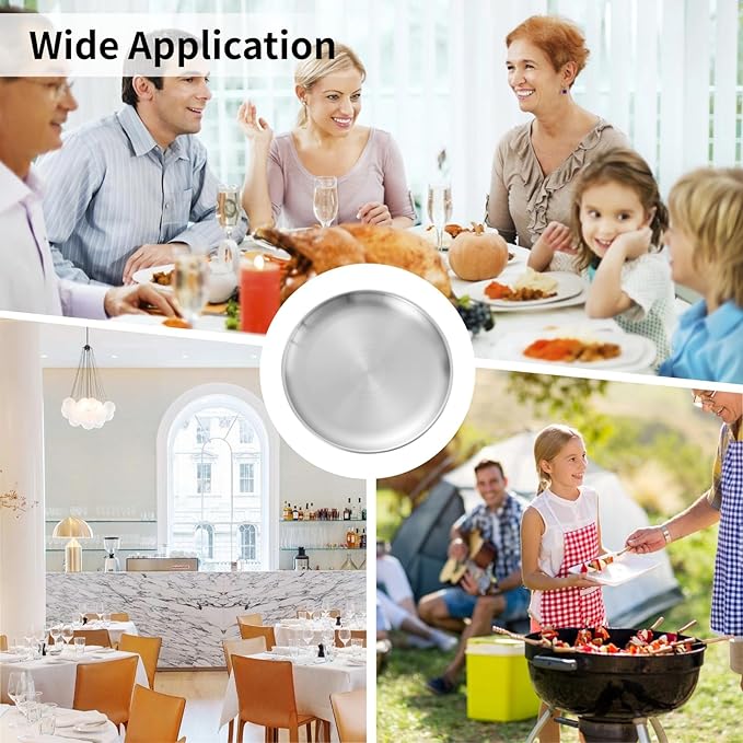 OMISTAR 16 Pcs Stainless Steel Dinner Plates, Reusable Brushed Metal Plates, 9 inch Round Dinner Dishes, Serving Plates for Main Dishes, Unbreakable Kitchenware, Dishwasher Safe