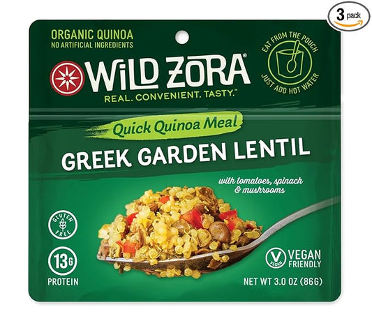Wild Zora Instant Organic Quinoa Meals, Quick & Tasty Prepared Bowls, Pantry Staples Gluten-Free Meal with Lentils Plus 10g Olive Oil Packet, Greek Garden, Tomatoes, Spinach, Mushrooms (3-Pack)