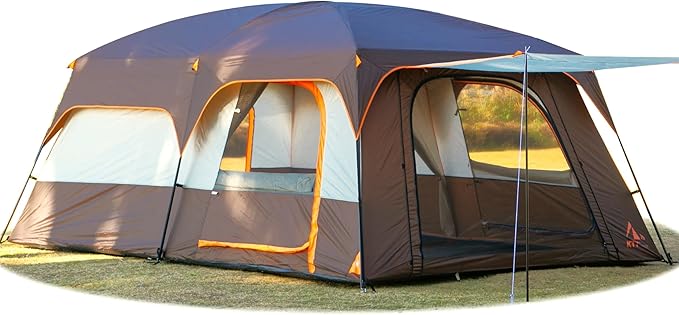 KTT Extra Large Tent 6-10-12-14 Person(A),Family Cabin Tents,2 Rooms,3 Doors and 3 Windows with Mesh,Straight Wall,Waterproof,Double Layer,Big Tent for Outdoor,Picnic,Camping,Family Gathering