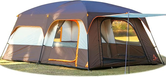 KTT Extra Large Tent 6-10-12-14 Person(A),Family Cabin Tents,2 Rooms,3 Doors and 3 Windows with Mesh,Straight Wall,Waterproof,Double Layer,Big Tent for Outdoor,Picnic,Camping,Family Gathering