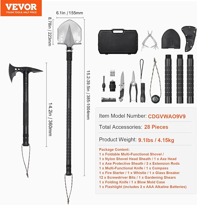 VEVOR Survival Shovel Survival Axe, 28-in-1 Camping Folding Shovels with Hatchet, Stainless Steel Tactical Shovel Hatchet Combo, Multifunctional Emergency Survival Gear Equipment for Camping Hiking