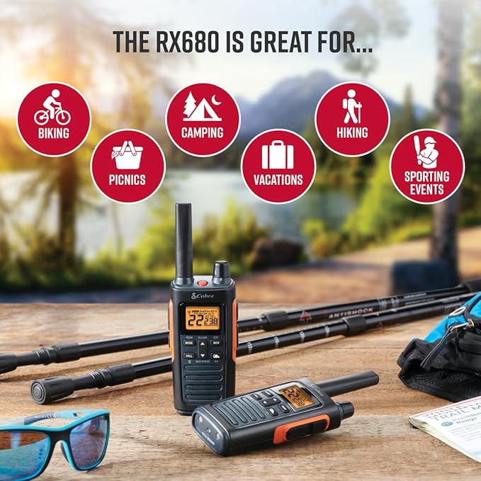 Cobra RX680 Walkie Talkies (2-Pack) - Rugged & Splashproof Two Way Radios Long Range, IP54 Water Resistant Design, 60 Pre-Programmed Channels, Weather Alerts, Included Charging Dock (Black/Orange)
