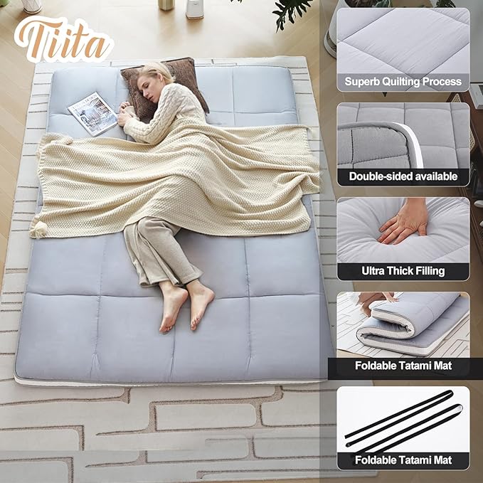 Tiita Queen Memory Foam Mattress Topper, 4" Thicken Futon Floor Mattress with Storage Bag and 2 Straps, Portable Roll Up Travel Car Camping Mattress Sleeping Pad, Grey