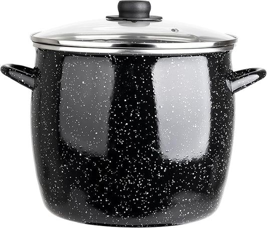 EKCO EOS 12-Quarts Alloy Steel Speckled Stockpot with Glass Lid - Dishwasher and Oven Safe Cooking Pot up to 350°F - Induction Cookware for All Cooktops - Non-Reactive Enameled Soup Pot - Black