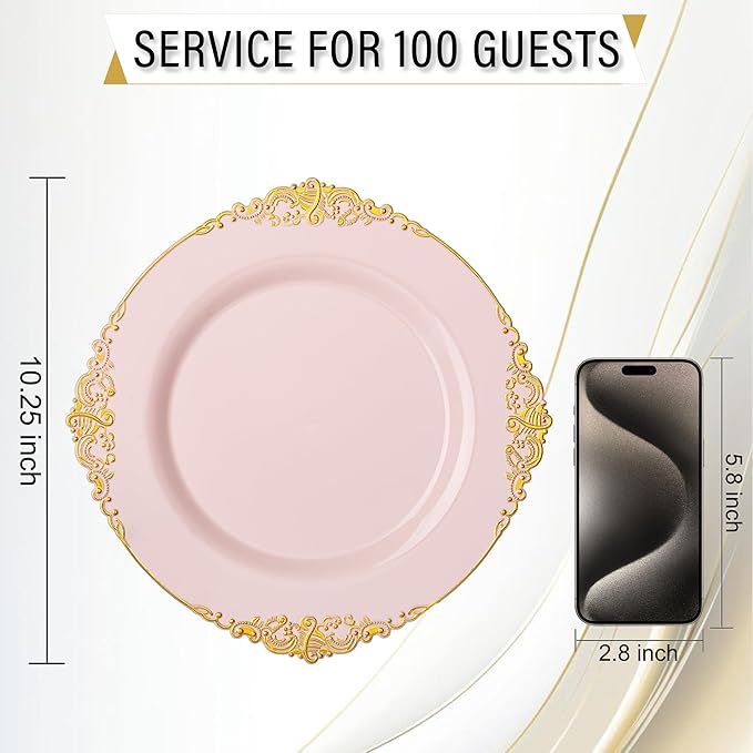 Nervure 100PCS Pink and Gold Plastic Plates - 10.25Inch Pink Disposable Plates - Plastic Dinner Plate for Weddings & Parties & New Year