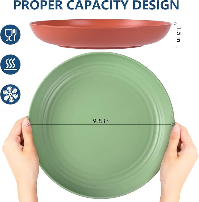 HOTEC 8-Pack 10inch BPA Free Unbreakable Deep Dinner Plates, Wheat Straw Plastic Plates Dishwasher Safe Kitchen Plates Dinnerware Multicolor