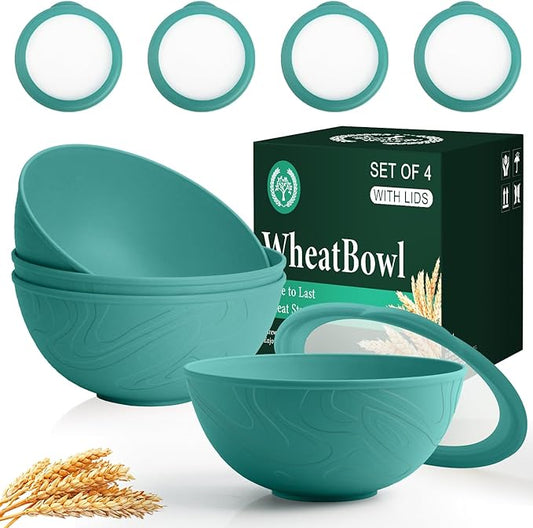 Homienly Bowls with Lids, Wheat Straw Bowl Set of 4-40 OZ Cereal Bowls and Silicone Edge Lids,Unbreakable Food Containers for Meal Prep, Salad, Lunch, Kitchen, Camping, Picnic, RV (4 Sets,Green)