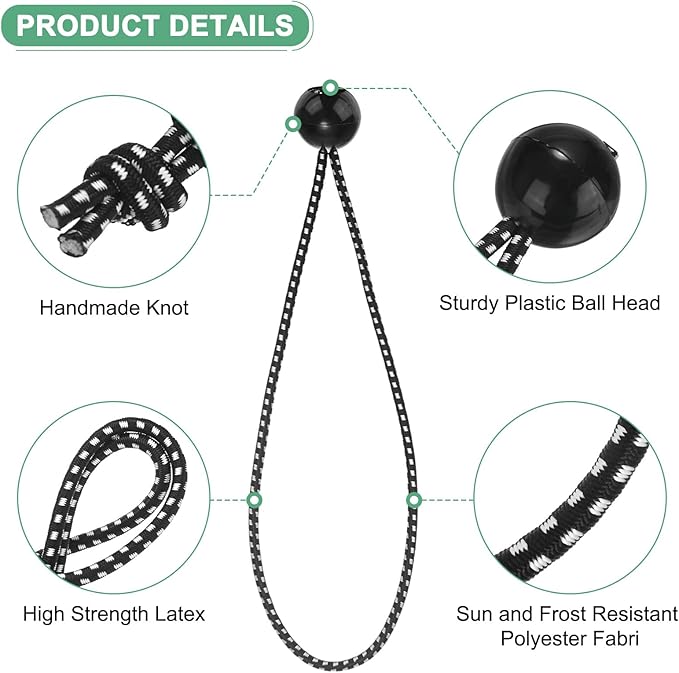 50-Pack Ball Bungee Cords, 9 Inch High Elastic Canopy Tarp Tie Down Bungee Balls for Camping/Tent/Cargo Holding Wire Hoses/Patio Umbrellas/Shelter [Black White]