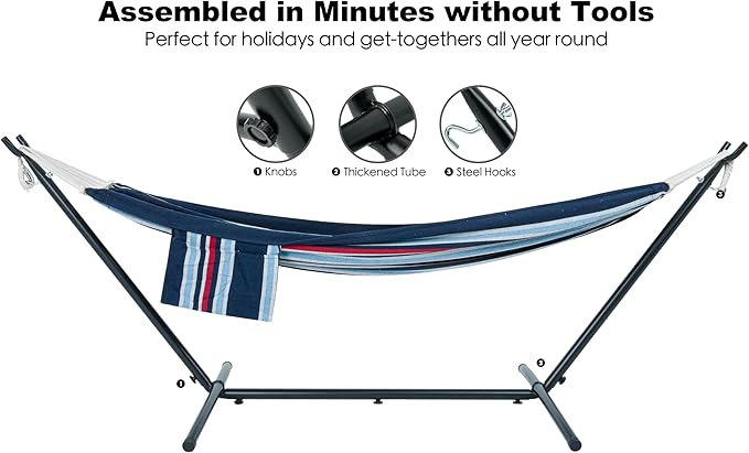 Double Hammock with Stand for Outside, Upgraded Spreader Bar, Heavy Duty Space Saving Steel Stand 2 Person, Convenient Pockets, Easy Assembly, 600lbs Weight Capacity, Indoor & Outdoor (Night)
