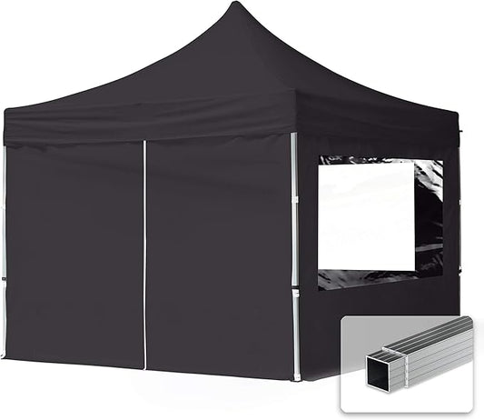 10x10 ft PES 700 Pop up Canopy Tent Economy Aluminium 1.3 in., incl. 4 Sidewalls with Panorama Windows, Black