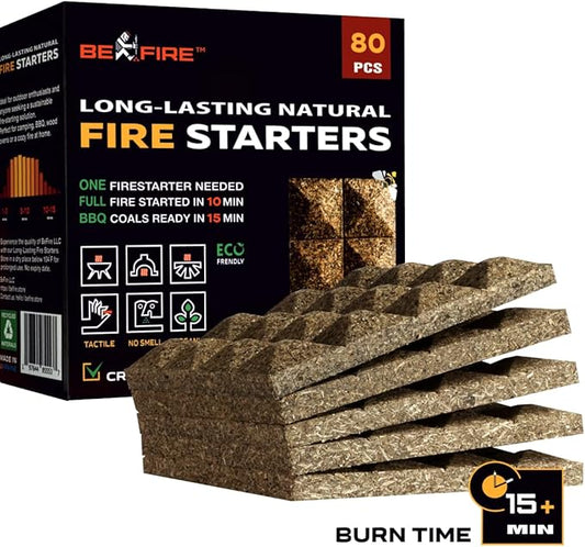 Fire Starter • 80 pcs Natural Fire Starters 15+ Min Burn Time Firestarters for Indoor Fireplace, Campfires & Camping, Wood Stove, Grill • Water Resistant and Long-Lasting