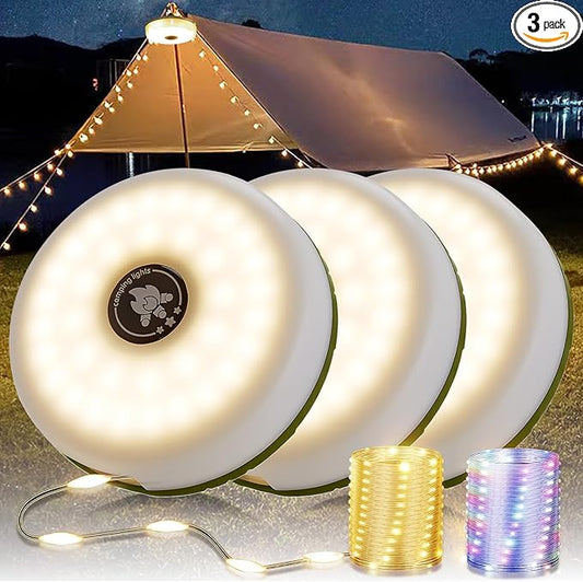 3-Pack Camping String Lights, 4 in 1 Portable Camping Light Rechargeable, 8 Lighting Modes, USB Charging, Quick Storage, 32.8FT Waterproof Tent Lights String for Camping, Hiking, Yard, Christmas