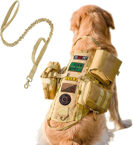 AIWAI Tactical Dog Harness with Pouches,Dog Vest Harness for Large Medium Dogs No-Pull Adjustable Military Dog Harness with Handle Walking Hiking Training (Khaki(with Leash), XL)