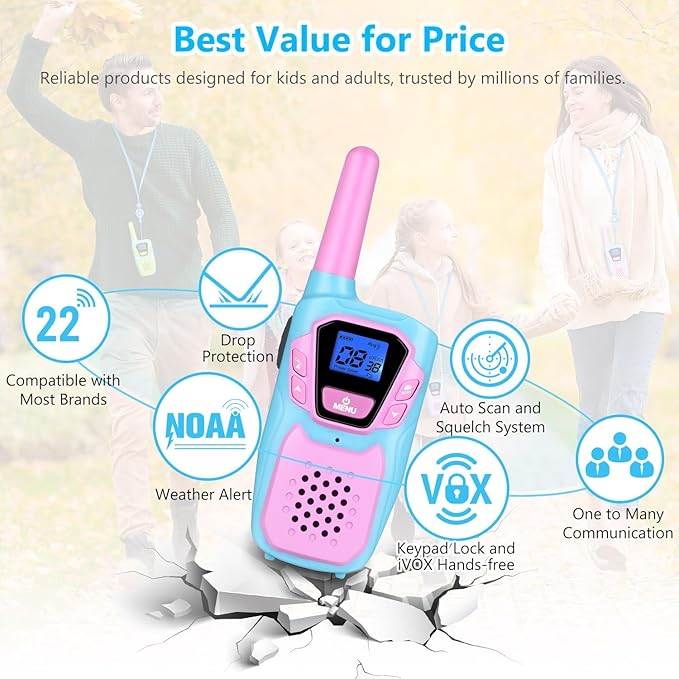 Walkie Talkies for Kids Girls Boys Toddler Long Range Walkie-Talkie Rechargeable 2 Pack for Adults Seniors Camping Skiing Cruise, Family Pink 2 Way Radio Toys with Lanyard 4 Miles NOAA USB VOX
