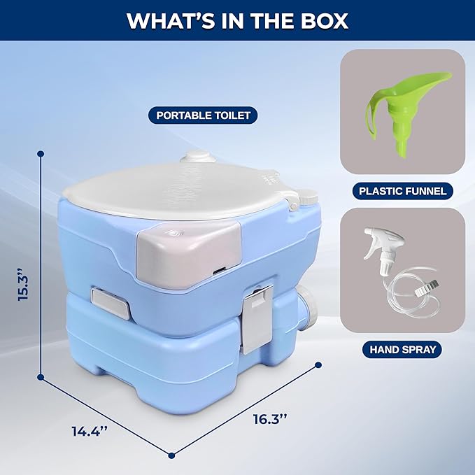 SereneLife 4 Gallon Portable Toilet with Extra Large Seat – Outdoor Camping Toilet with Flush, 3.2 Gallon Fresh Water Tank, Hand Sprayer, Funnel & Phone Holder for RV, Boat, Travel, Indoor/Outdoor Use