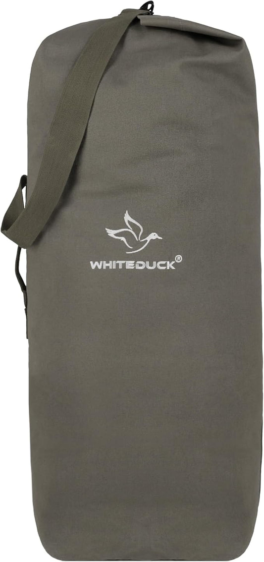 WHITEDUCK Top Load Canvas Folding Duffel Bag, Water Resistant Army Style Shoulder Bag for Men and Women- Gym, Sports, Travel, Hiking, Camping, Backpacking (Small 21" x 36",Olive)