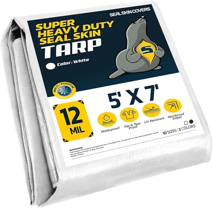 Seal Skin Covers Heavy Duty Waterproof Tarp 5x7 FT, 12 Mil 8 OZ 120 GSM Thick White Poly Tarp with Rustproof Grommets, Tear-Proof Cover with Reinforced Edges for Camping, Pool, Canopy Use