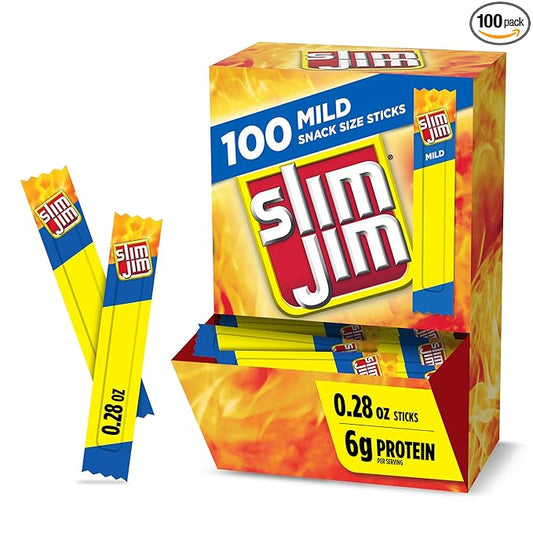 Slim Jim Smoked Meat Sticks, Mild Flavor, 6g Protein Per Serving, Snack Size, Lunchbox Snack, 0.28 oz. (100 Count)