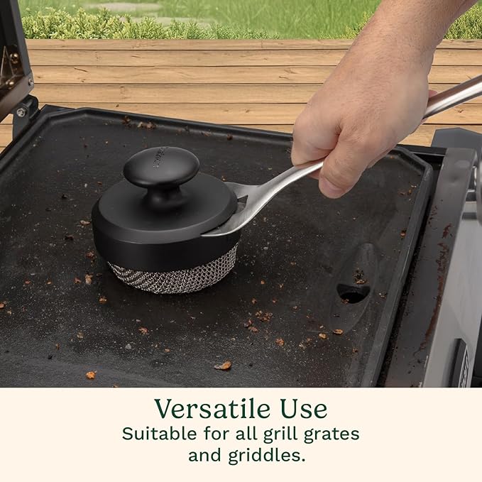 Cuisinart 3-in-1 Chainmail Grill Cleaner, Bristle-Free Dual Function Heavy-Duty Grill Brush with Removable Head, Worry-Free Stainless Steel Steam Clean BBQ Scrubber for Grills & Griddle