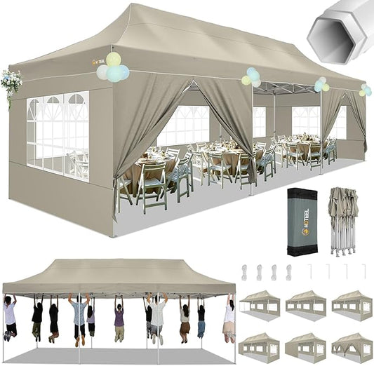 HOTEEL Tents for Parties 10x30 Pop Up Canopy Tent Heavy Duty with 8 Sidewalls, Commercial Party Tent Event Wedding Instant Canopy Waterproof with Carry Bag, UV 50+, Thicked Hexagonal Legs, Khaki