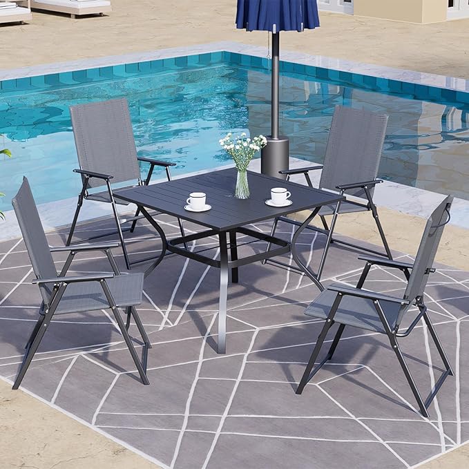 4 Pcs Patio Dining Chairs with Armrests Folding Outdoor Chairs Used for Camping Garden Backyard Pool Porch - Lightweight Grey Sling High Back