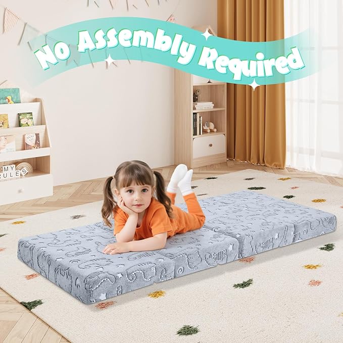 MeMoreCool Foldable Floor Mattress for Kids, Glow Toddler Nap Mat for Sleeping and Daycare, Portable Trifold Futon Mattress Floor Bed, Dinosaur