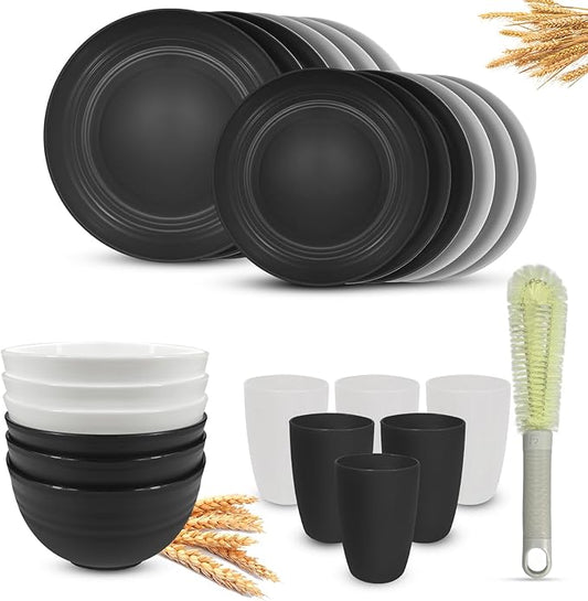 Kitchen Wheat Straw Dinnerware Sets (25pcs) Attached cleaning brush,Service For 6,Plastic Plates and Bowls Sets,Unbreakable Dinnerware,Lightweight Plastic Plate Set (Black white)